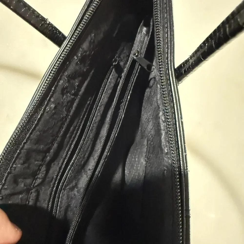 Kate Spade Black Satchel Shoulder Bag Structured Logo Plague Zip Top Chic